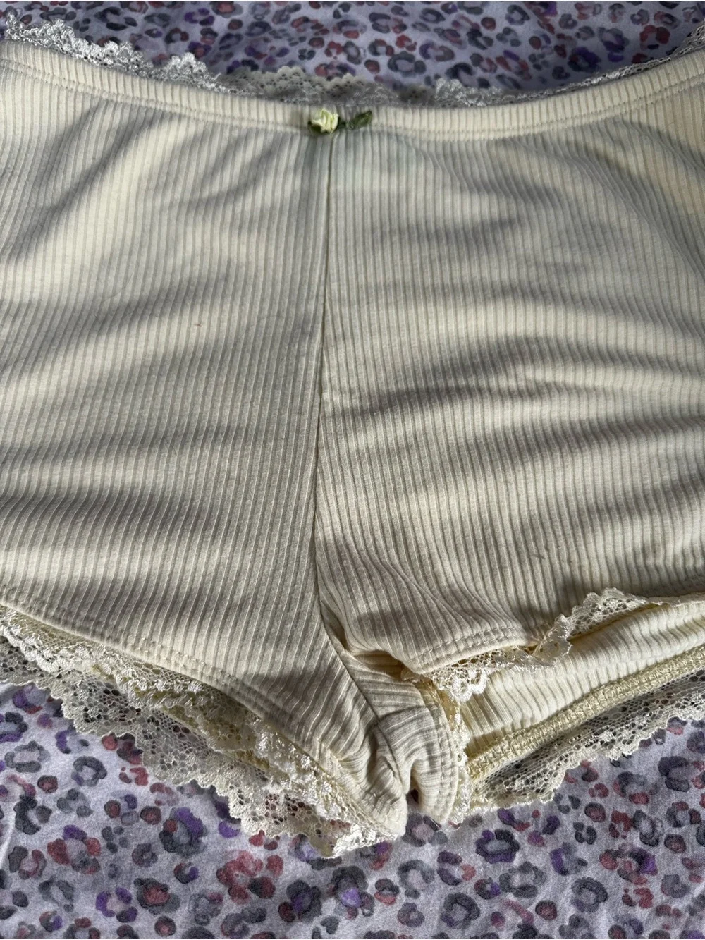 Fashion Nova Cream Yellow Ribbed Lace-Trim Lounge Shorts